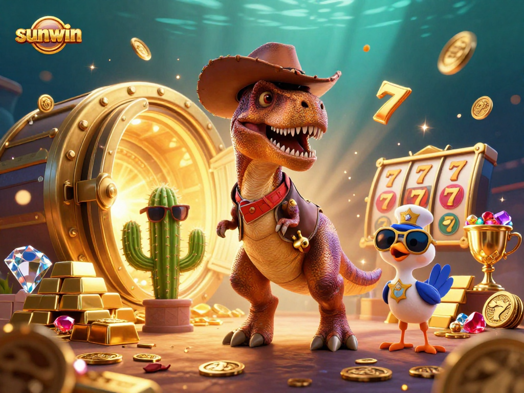 Experience vibrant casino fun with sunwin featuring a T-Rex, cactus, and roadrunner amidst treasures and slot reels.