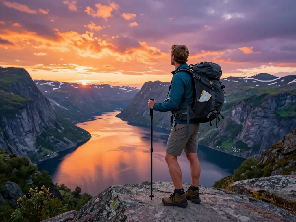 Abenteurer genießt einen malerischen Fjord während eines Urlaubs in Skandinavien.