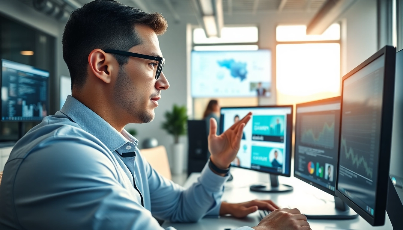 Headhunter IT analysiert Karrierechancen in einem modernen Büro mit hochmodernen Displays.