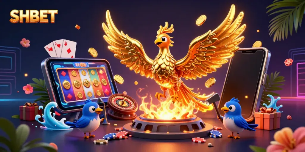 Experience the excitement of SHBET with golden coins and vibrant gaming elements in a 3D scene.