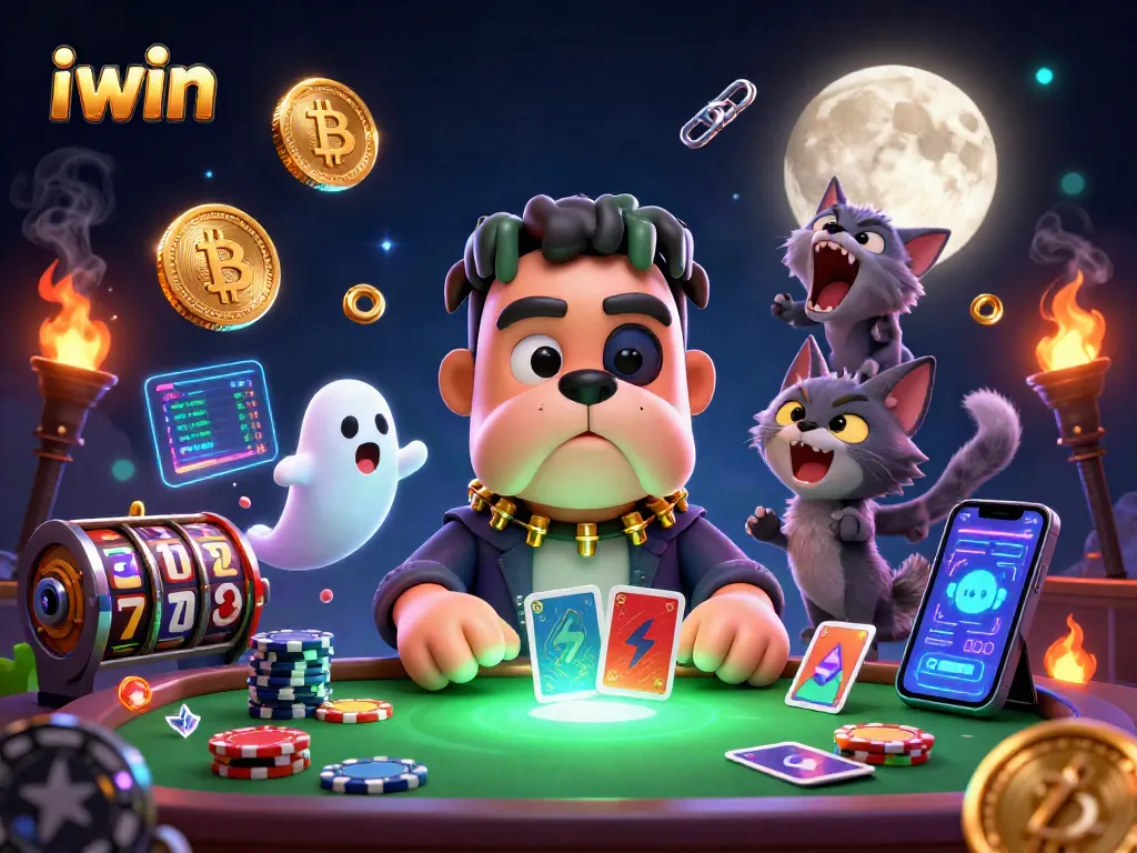 iwin illustrates thrilling gambling moments with a Frankenstein bulldog dealer and ghostly elements.