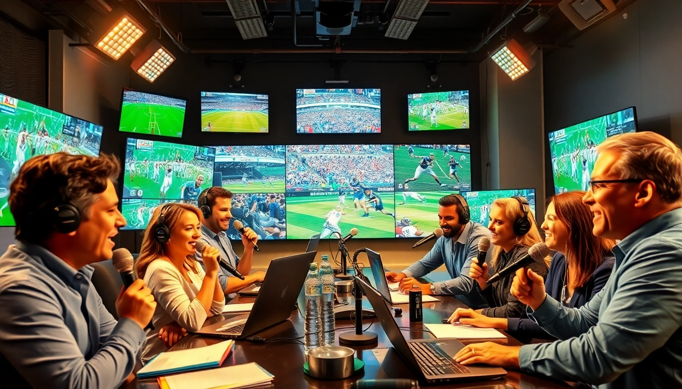 Engaged team in Sports Broadcasting studio discussing live sports events.