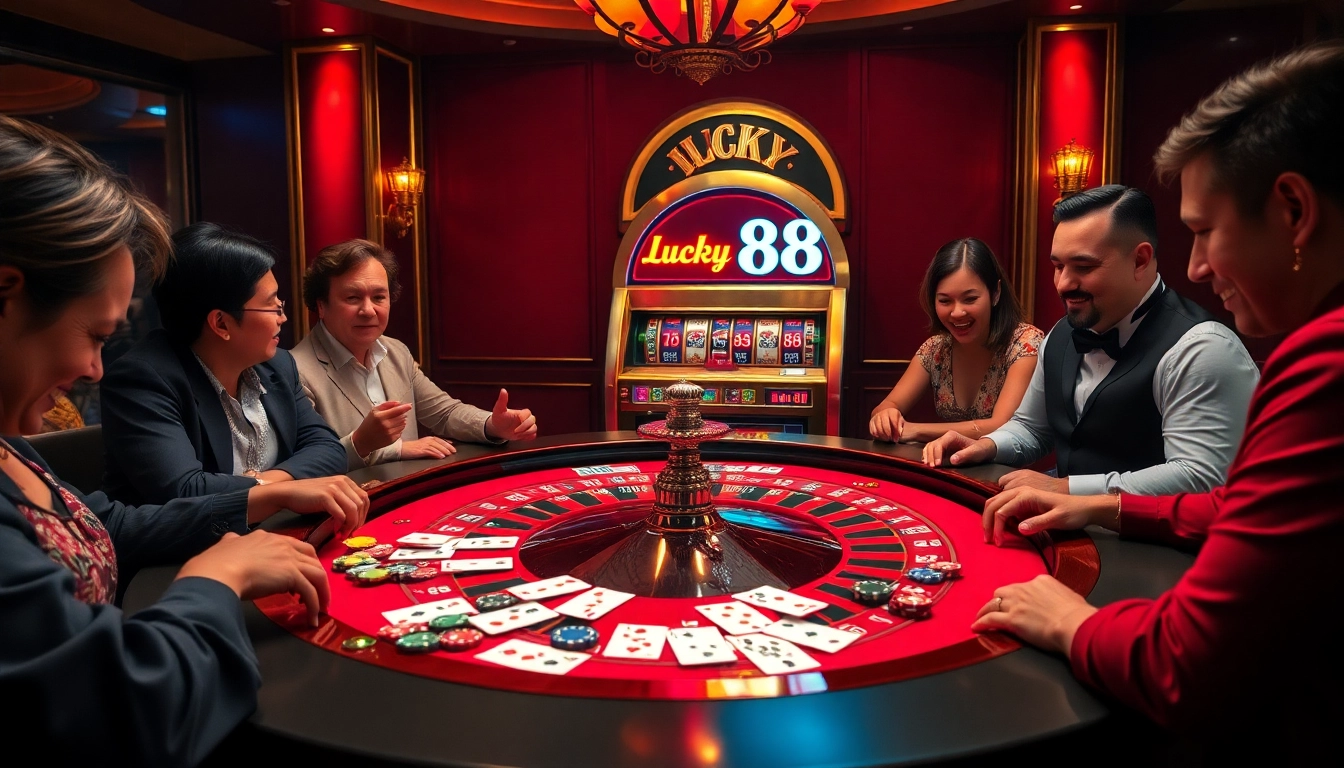 Engage in a thrilling lucky88 bet at a luxurious casino with vibrant roulette and poker action.