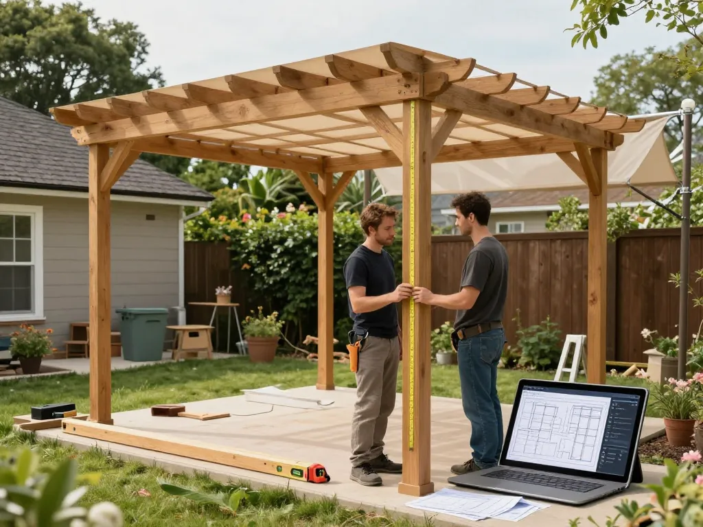 Fachkundiger Installateur verwendet Software für Pergoladesign für präzise Messungen in einem üppigen Garten.