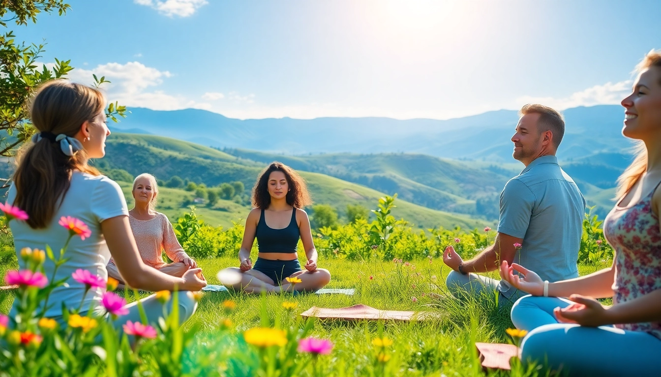 Promoting mental health awareness through mindfulness in a serene outdoor setting with diverse individuals.