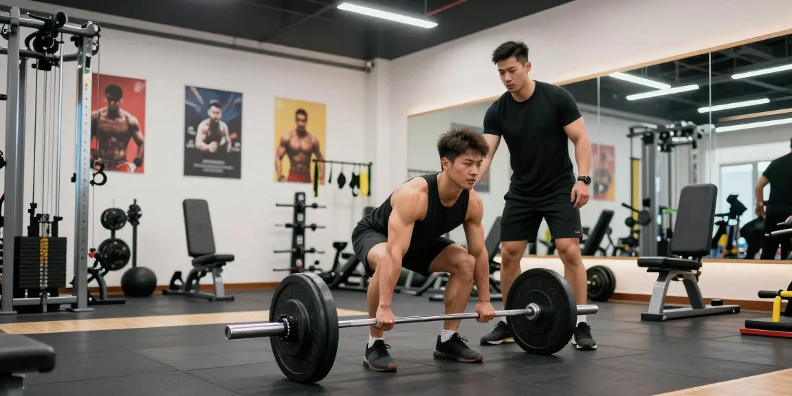 Intensives Training im Selliza Shop Fitnessstudio mit Gewichten und Trainer.