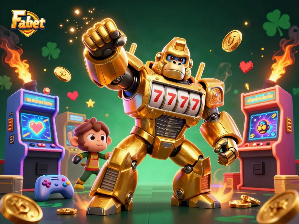 Engage with Fa bet in a vibrant 3D casino scene featuring a golden gorilla mech amidst dynamic gaming elements.