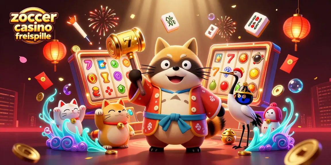 Zoccer Casino Freispiele: Gepackte 3D-Illustration mit einem fröhlichen Tanuki, einem Kranich und Maneki-neko, umgeben von Spielautomaten und Glückselementen.