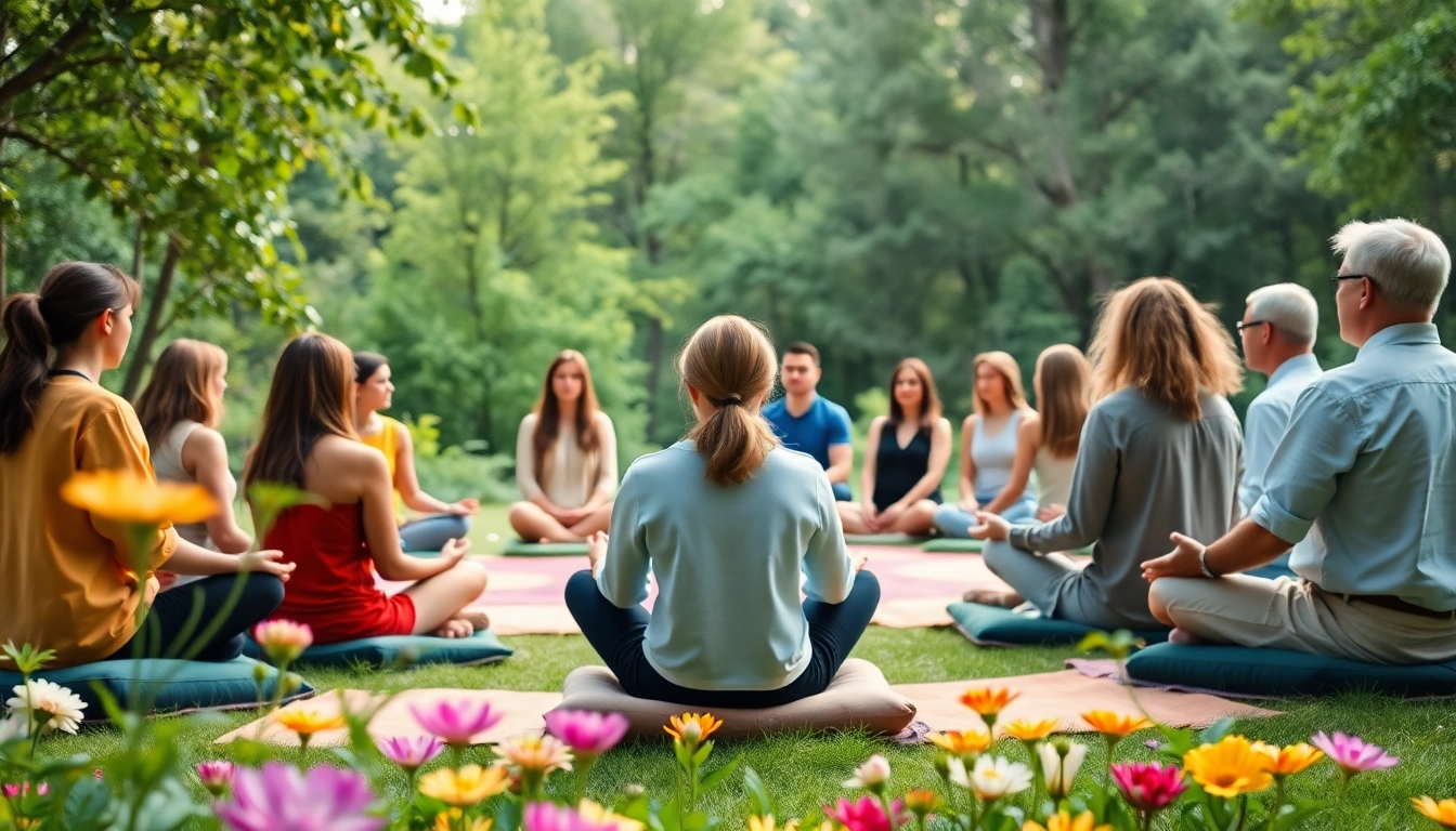 Erlebe Spirituelle Seminare inmitten einer friedlichen Naturkulisse mit meditativen Teilnehmern.