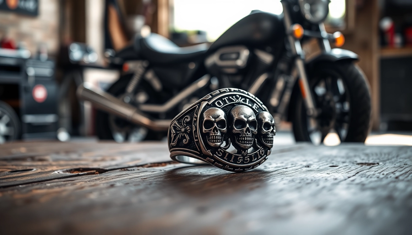 Stylish biker ring with detailed skull design on a rustic table.