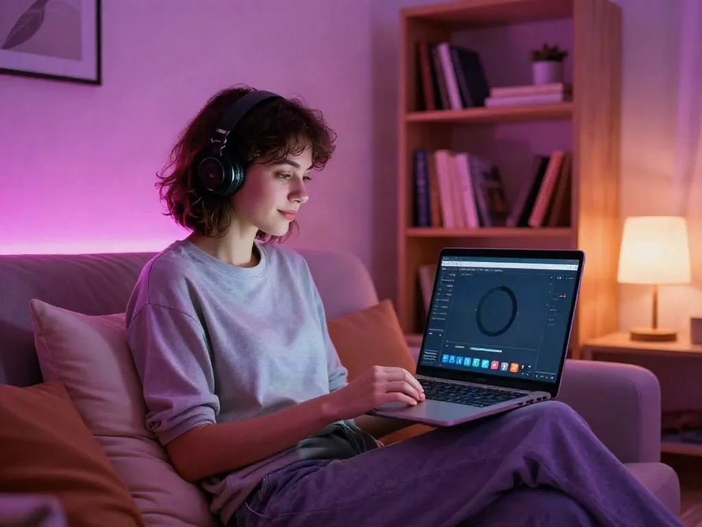 Engaging in a casual porn chat in a cozy room, showcasing a relaxed digital interaction.