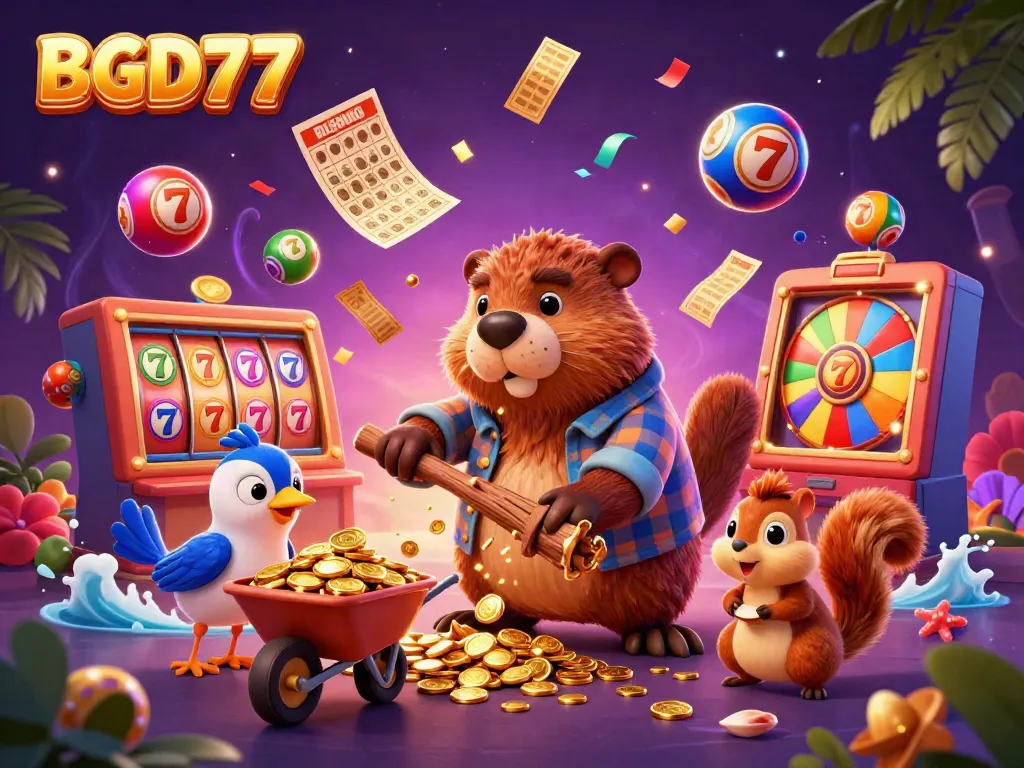 Engage in thrilling gaming with BGD77, featuring a vibrant casino scene with cartoon characters, jackpots, and excitement.