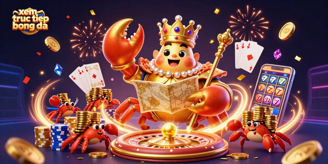 Engage in xem truc tiep bong da with a vibrant 3D illustration showcasing golden crab emperor and casino elements.