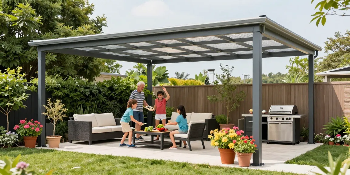 Terrassenüberdachung freistehend mit stilvollem Aluminium-Rahmen und fröhlicher Familie im Garten.