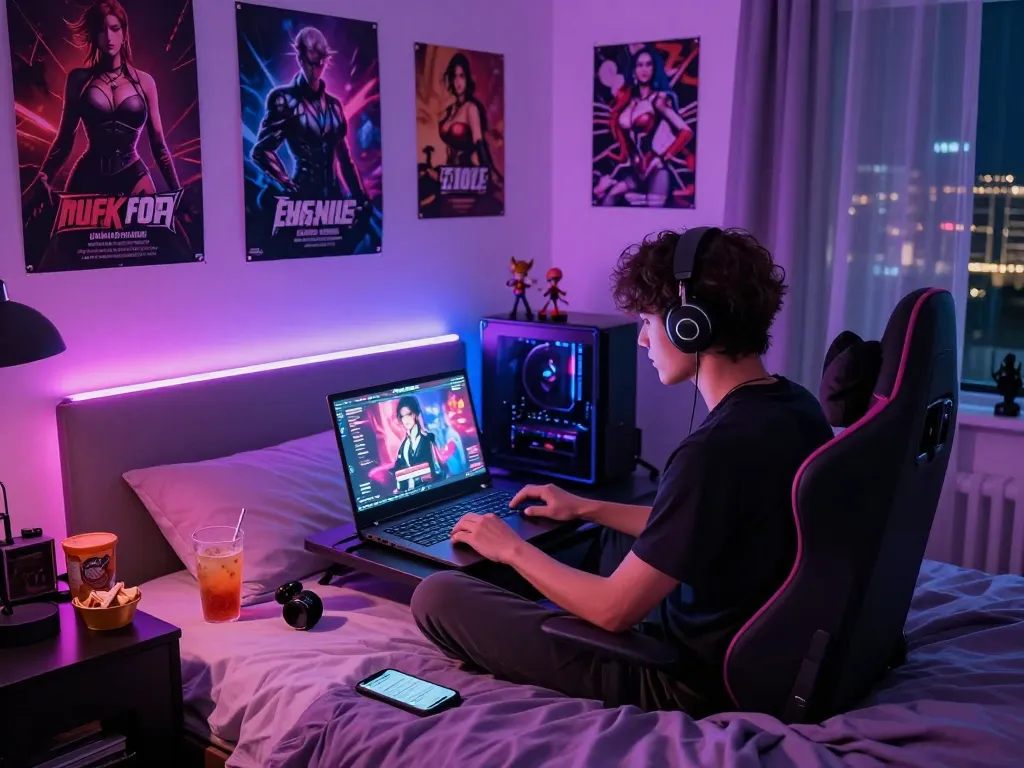 Gamer enjoying immersive sexgames on laptop in cozy bedroom with LED lights and game posters.