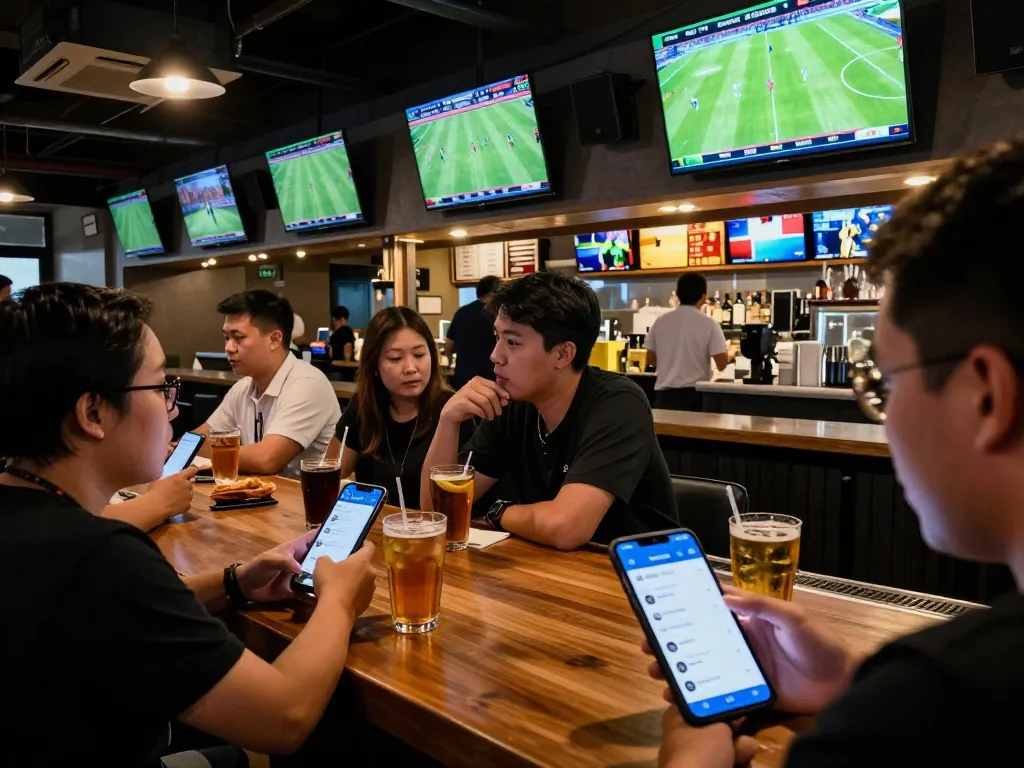 People engaging with the keonhacai betting app and watching live sports in a lively bar setting