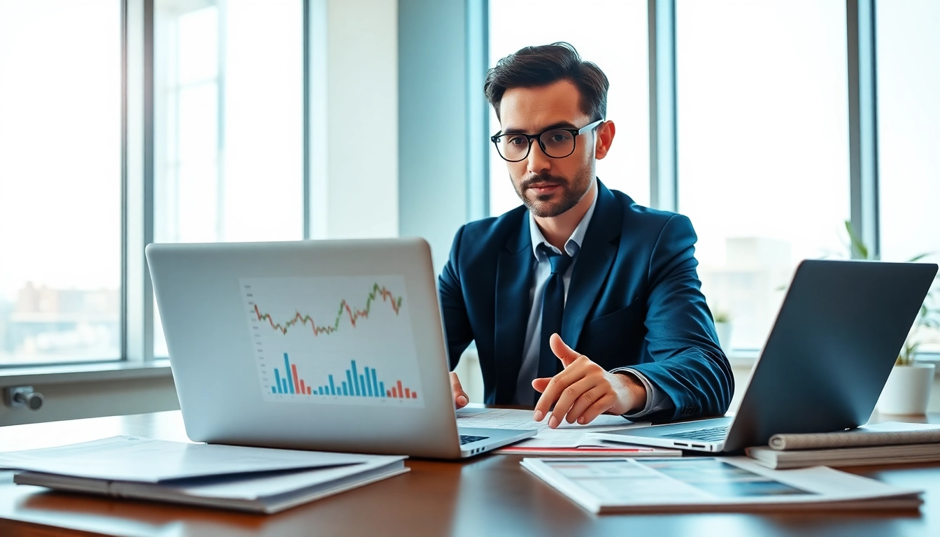 ETF-Analyse durch einen Finanzberater in einem modernen Büro mit Grafiken und Marktberichten.