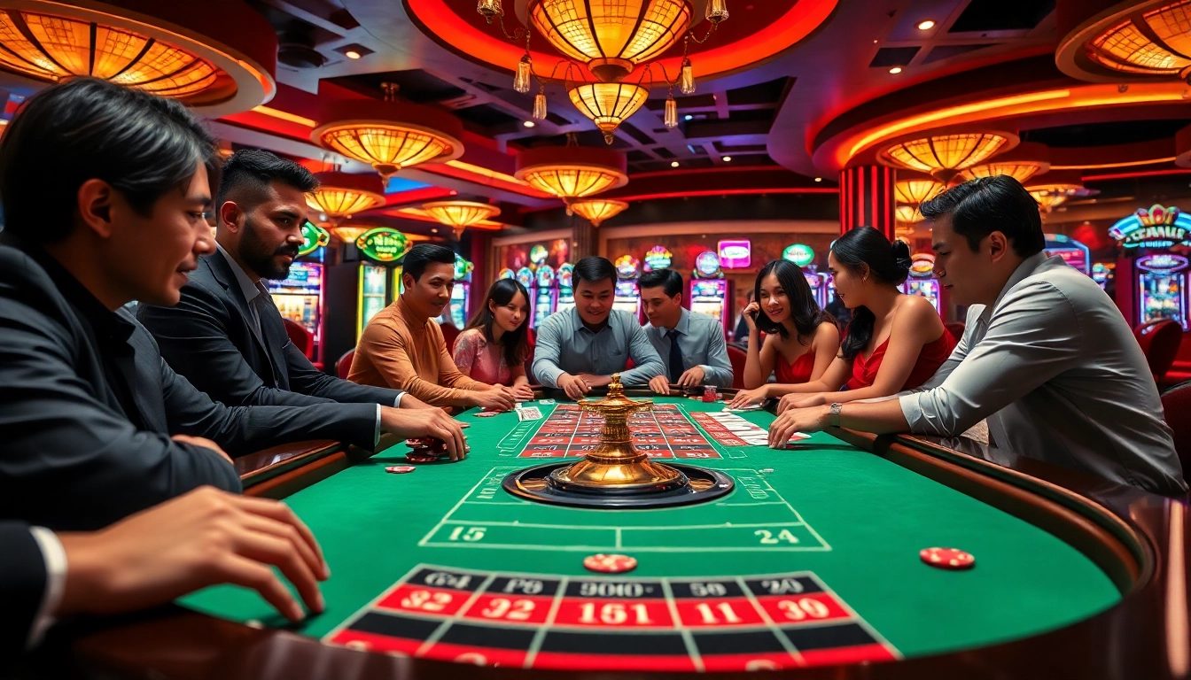 Spieler am Roulettetisch beim Casinospielen mit bunten Chips und Karten.