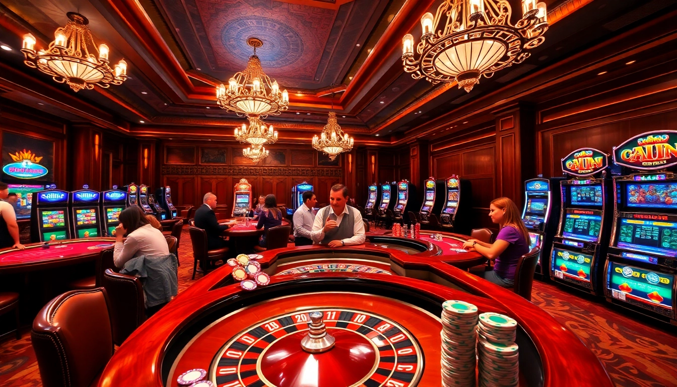 Excited players enjoying gaming at nv casino with roulette, poker tables, and bright slot machines.