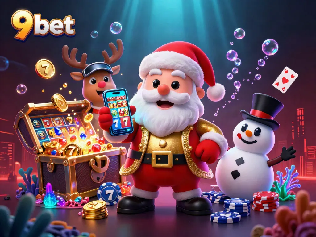 Win big at 9 bet with a dazzling casino scene featuring Santa and friends amidst jackpot reels!