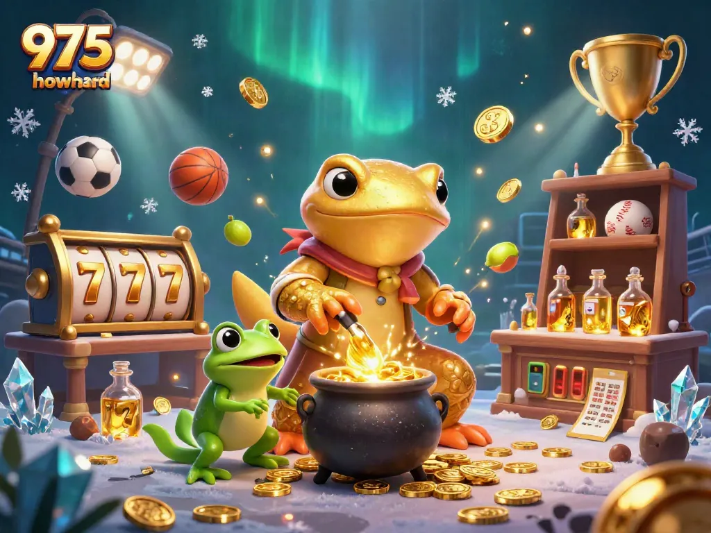 Engage with 975howard's vibrant casino scene showcasing a golden alchemist amidst dazzling game elements.