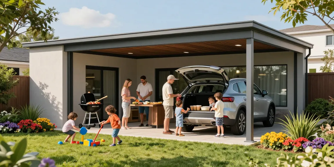 Moderne Carport-Installation mit Familie im Freien und sonnigem Wetter.